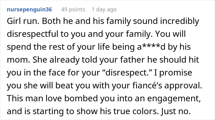 Comment discussing a man lashing out at his fianc&eacute;e after his family went dress shopping without her.