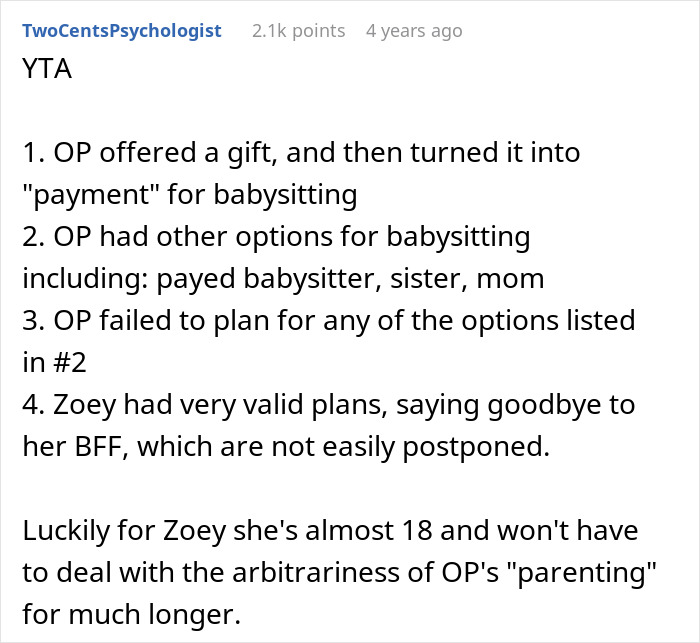 Reddit comment explaining dad pulls funding for 17YO's trip after choosing friend's farewell party over babysitting siblings.