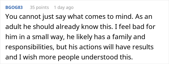 Commenter discusses consequences of body-shaming and immediate termination by CFO in a workplace setting.