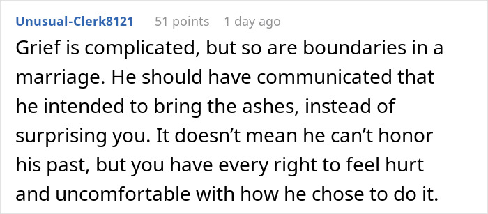 Comment about wife angry at husband bringing ex ashes on honeymoon, discussing grief and relationship boundaries. Comment about wife angry at husband bringing ex ashes on honeymoon, discussing grief and relationship boundaries.