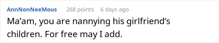 Comment text displayed on a white background about nannying his girlfriend's children for free, posted by user AnnNonNeeMous.