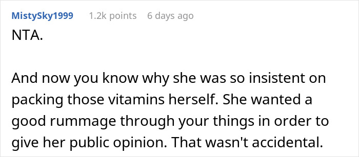Comment discussing suspicion about someone insisting on packing vitamins to rummage through belongings, relating to mil-criticizing-bikini-suitcase.