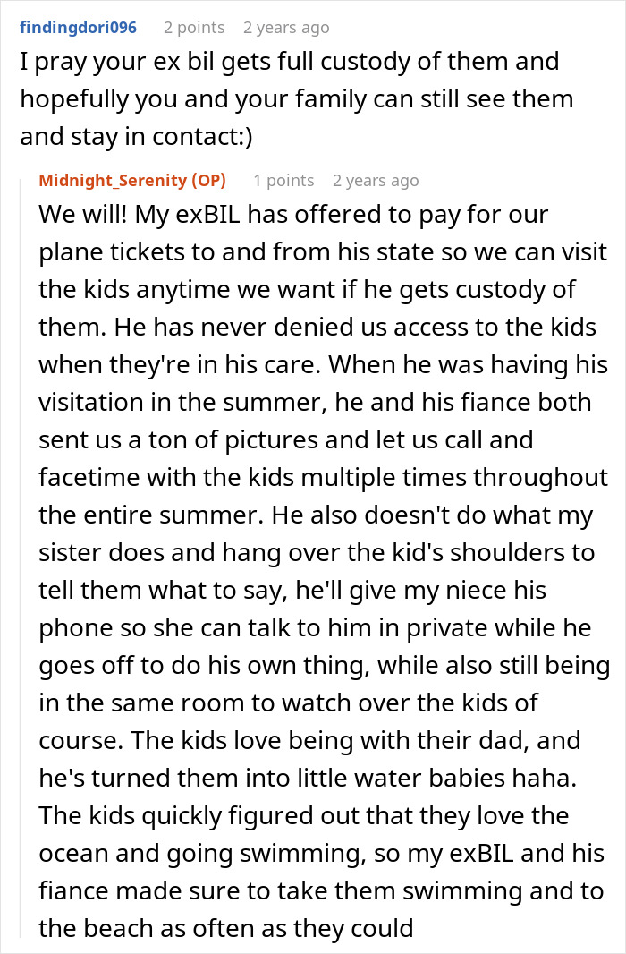 Screenshot of a Reddit conversation about custody and family visits after sister threatens to call the cops.