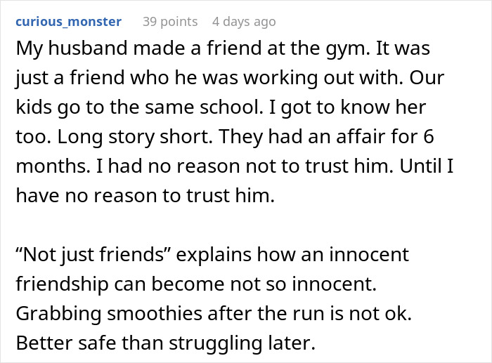 Woman questions boundaries after husband goes running with divorced mom, citing trust and friendship concerns.