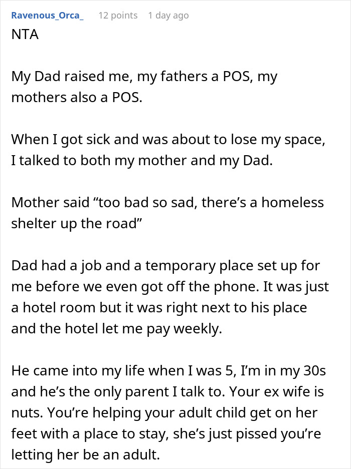 Screenshot of a Reddit comment discussing family conflict over stepdaughter dating and having a love nest after bio-dad said no.