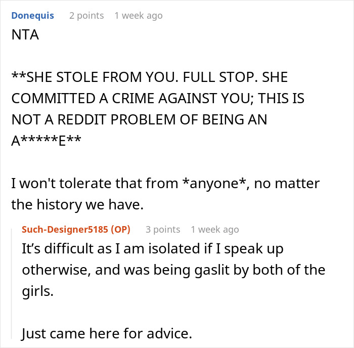 Reddit conversation discussing a woman ending a 15-year friendship after a purse theft and emotional conflict.