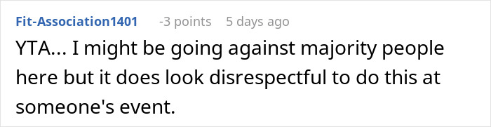 Comment expressing disapproval of a friend bringing own food due to dietary needs at a wedding, causing drama.