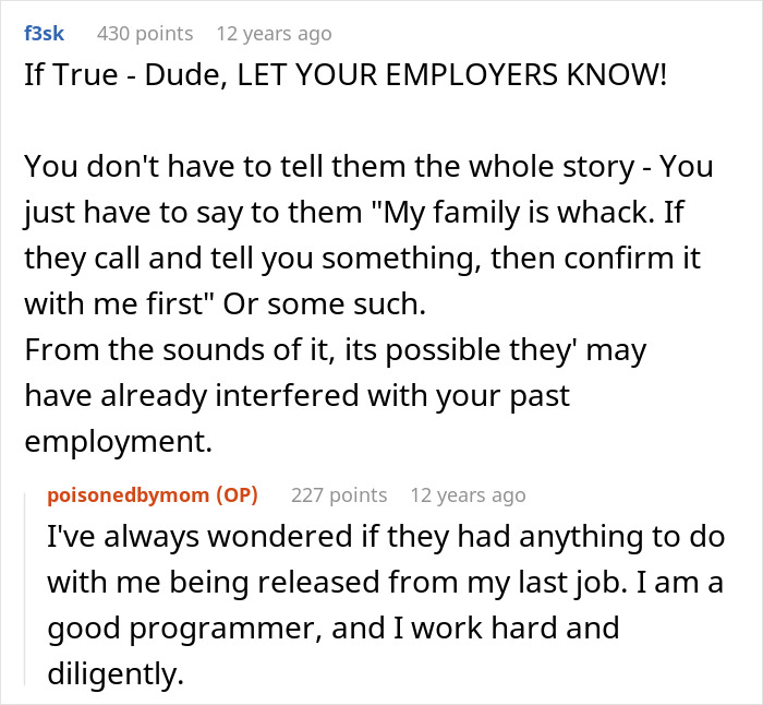 Reddit user discusses impact of family issues and possible interference with past employment in mother-poisoned-me context.