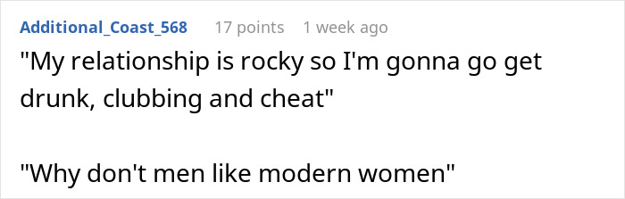 Screenshot of social media post with text about a rocky relationship, cheating, and men disliking modern women.