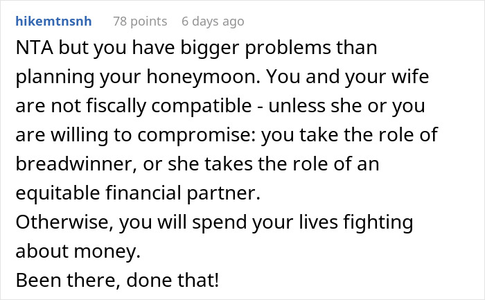 Screenshot of an online discussion about financial compatibility and honeymoon planning after husband refuses to pay for both tickets.