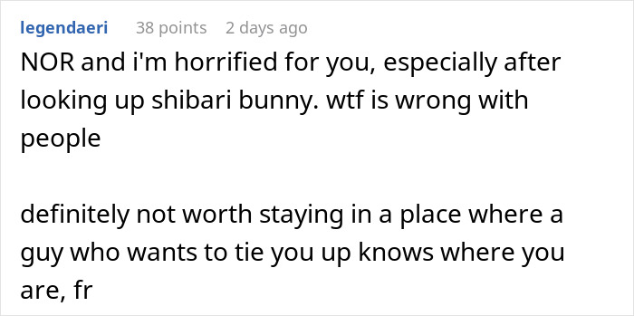 Comment expressing horror about creepy Airbnb host texts mentioning tying up and concern for a worried woman.