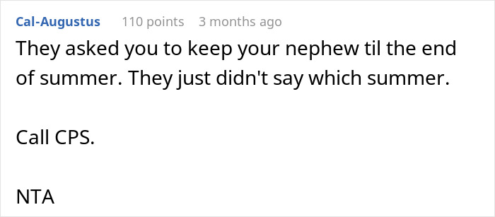 Comment text about nephew custody concern, discussing single mom abandoning toddler and parents restarting life.