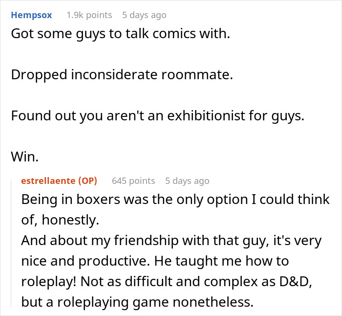Screenshot of a Reddit thread where a guy explains wearing boxers after guests complained, making things more awkward.