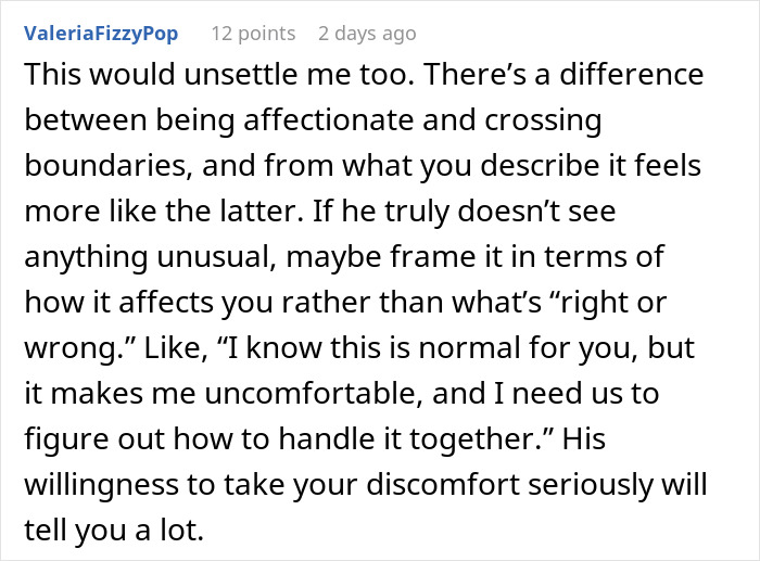 Comment discussing discomfort with boyfriend being affectionate with his mom and advice on handling boundaries and feelings.