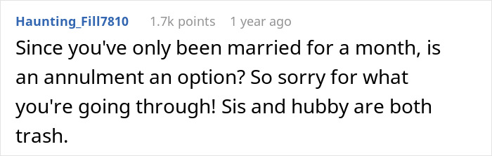 Screenshot of a Reddit comment discussing marriage challenges after a husband's dark secret is revealed one month in.