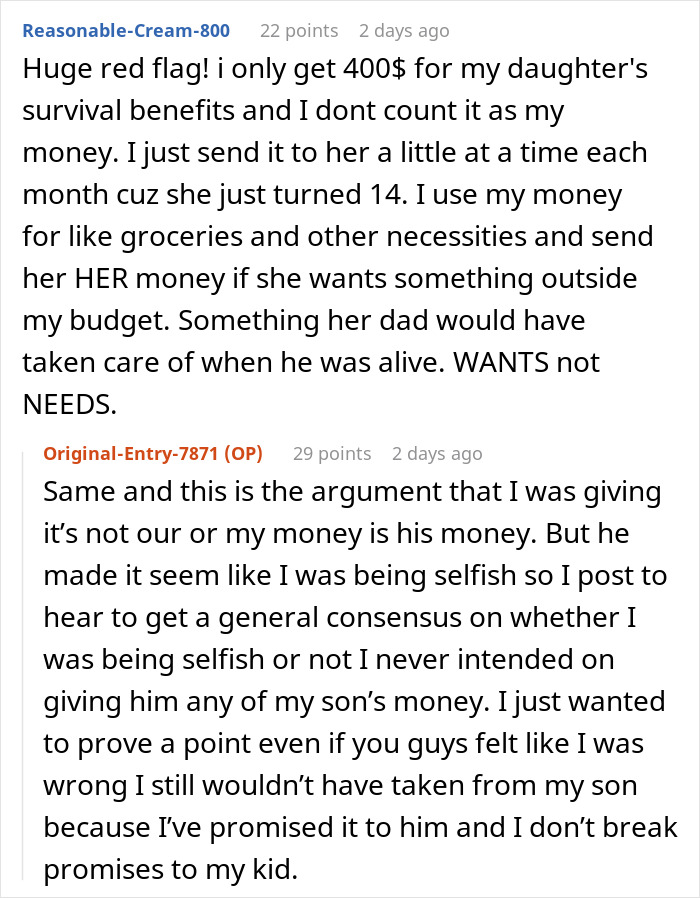 Comments discussing survivor benefits, a woman protecting her son&rsquo;s benefits, and concerns about greed in relationships.