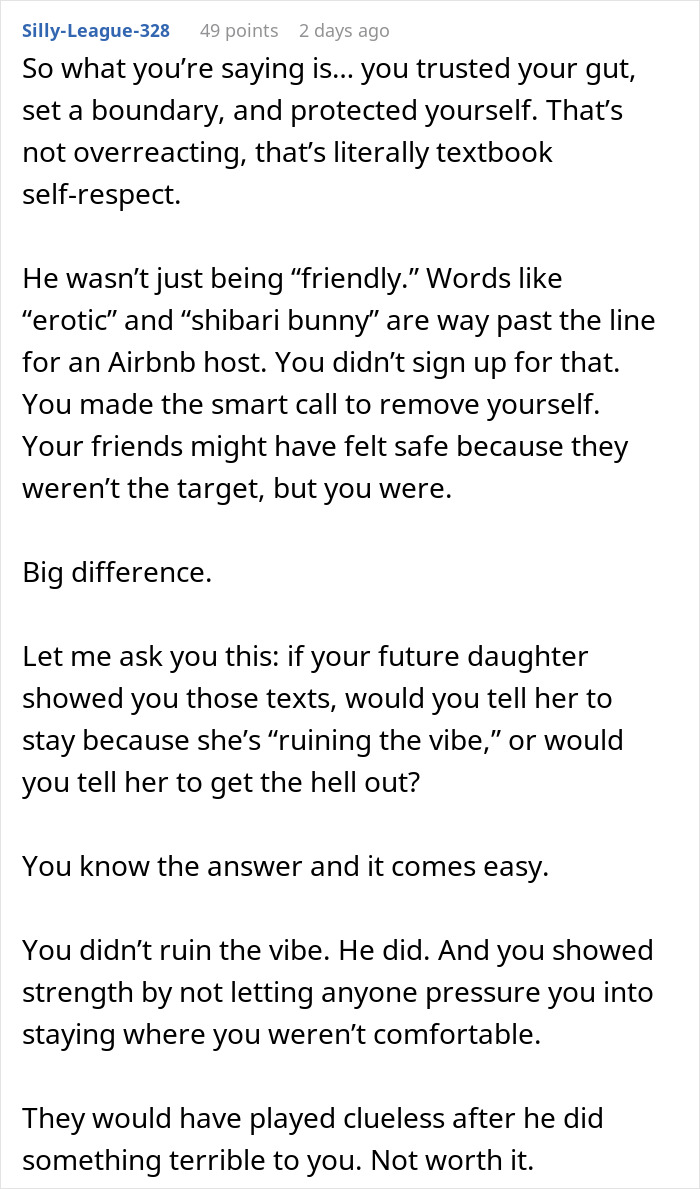 Text conversation highlighting a woman worried about creepy Airbnb host texts and setting boundaries for her safety.