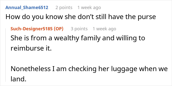 Screenshot of an online discussion about a woman ending a 15-year friendship over a purse fiasco with reimbursement mentioned.