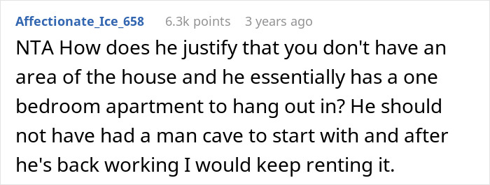 Screenshot of a Reddit comment discussing renting out the husband&rsquo;s man cave after he refuses to work or help.