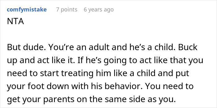 Comment discussing dealing with a difficult teen brother and advice on managing his behavior and parental support.