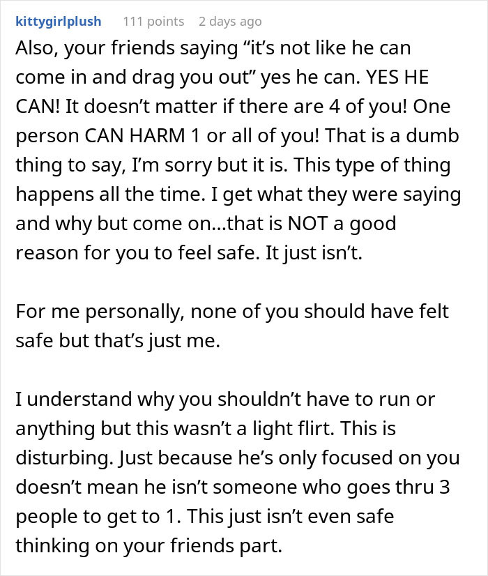 Comment discussing dangers and safety concerns related to creepy Airbnb host texts and worried women guests.