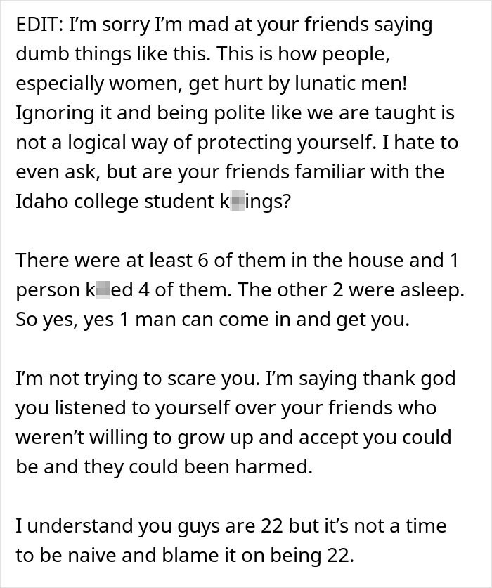 Text message thread showing a woman worried about creepy Airbnb host texts and warnings about personal safety.