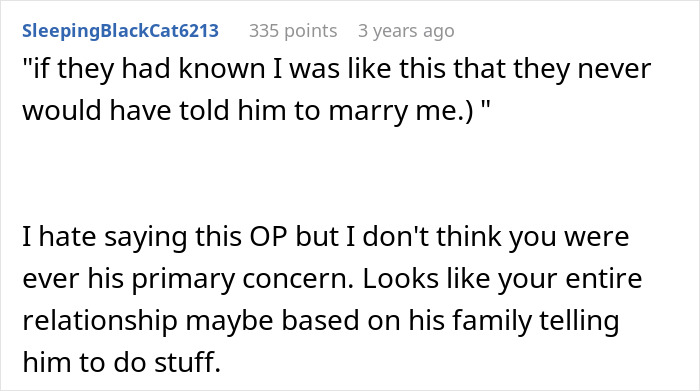 Reddit comment discussing a husband getting anxious after marriage and asking for divorce during wife's IVF due to his family influence.