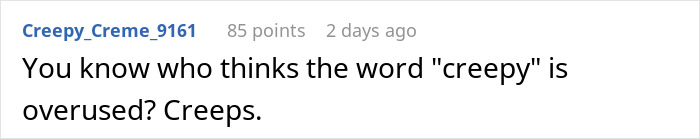 Screenshot of a Reddit comment discussing the overuse of the word creepy in context of a woman worried about creepy Airbnb host texts.