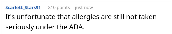Comment about allergies and ADA law in a forum thread discussing bride refusing sister-in-law’s service dog at wedding Comment about allergies and ADA law in a forum thread discussing bride refusing sister-in-law’s service dog at wedding