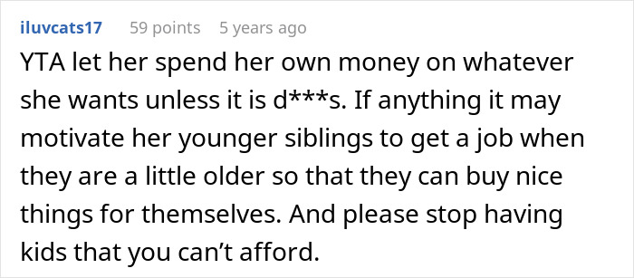 Screenshot of a Reddit comment discussing a mom limiting purchases deemed too expensive to avoid unfairness to a sibling.