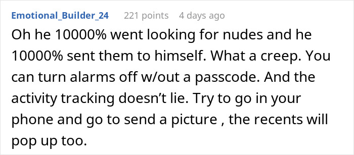 Screenshot of a comment discussing privacy violation suspicions between a woman and her long-term friend.