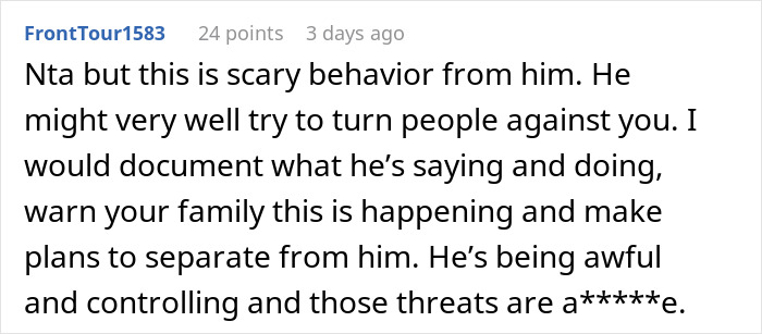 Screenshot of a Reddit comment warning about controlling behavior in a husband-wife conflict over plastic surgery choices.