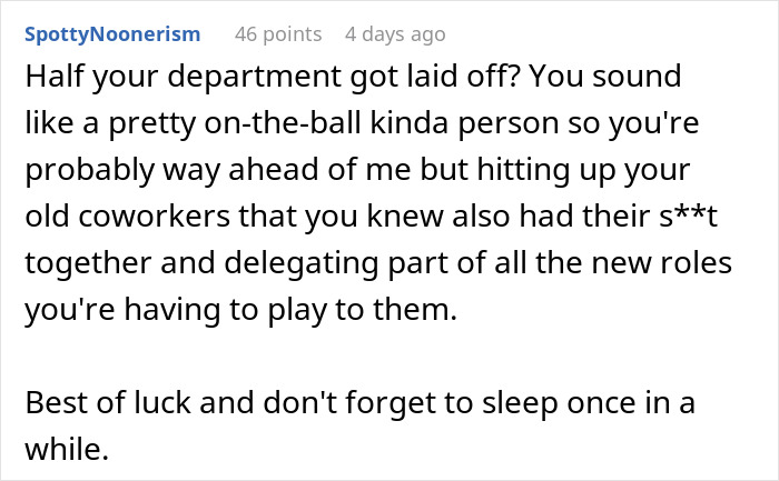 Screenshot of a Reddit comment about an employee laid off and how they manage new roles by contacting former coworkers.