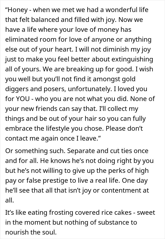 Text about a man earning more than his girlfriend and revealing relationship red flags leading to a breakup.