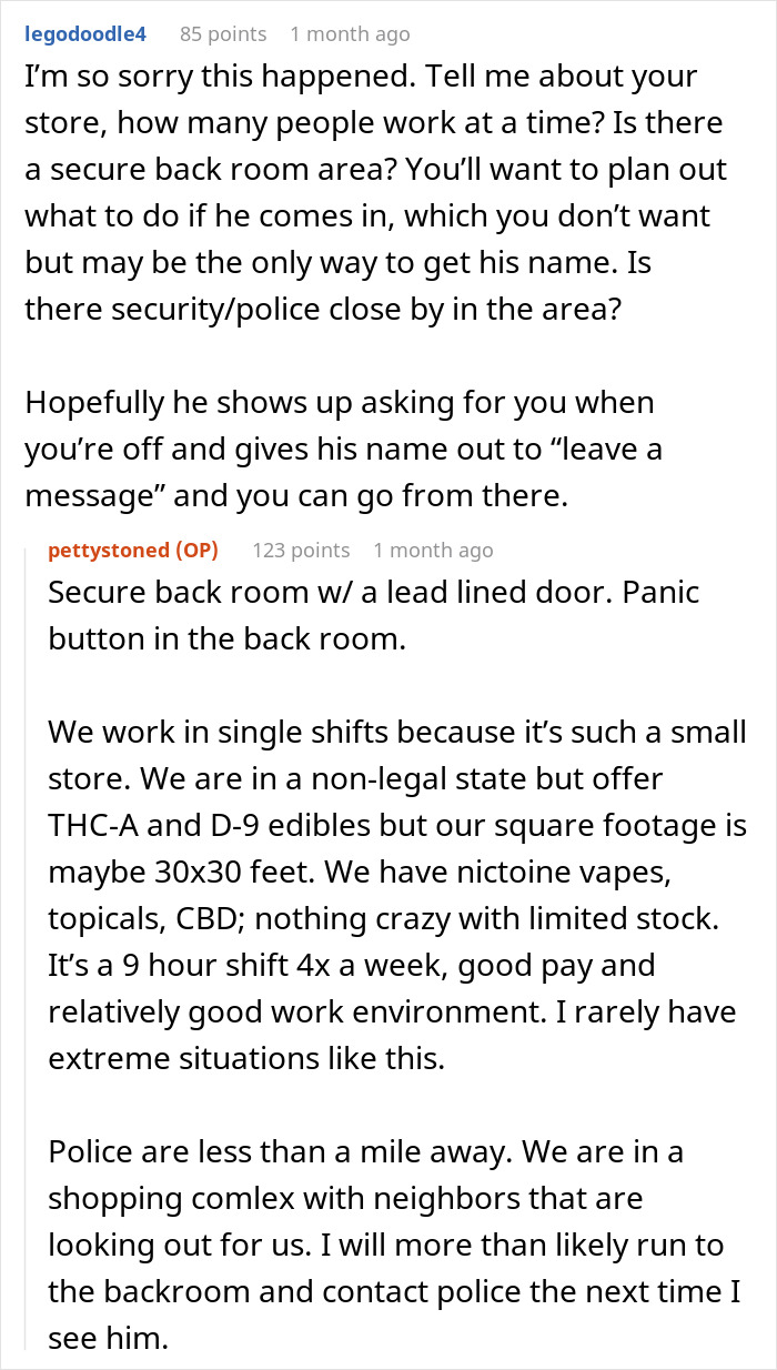 Comments discussing security measures and police proximity after a stalker customer found home and rang doorbell.