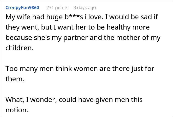 Comment discussing a husband giving his wife an ultimatum over plastic surgery and relationship health concerns.