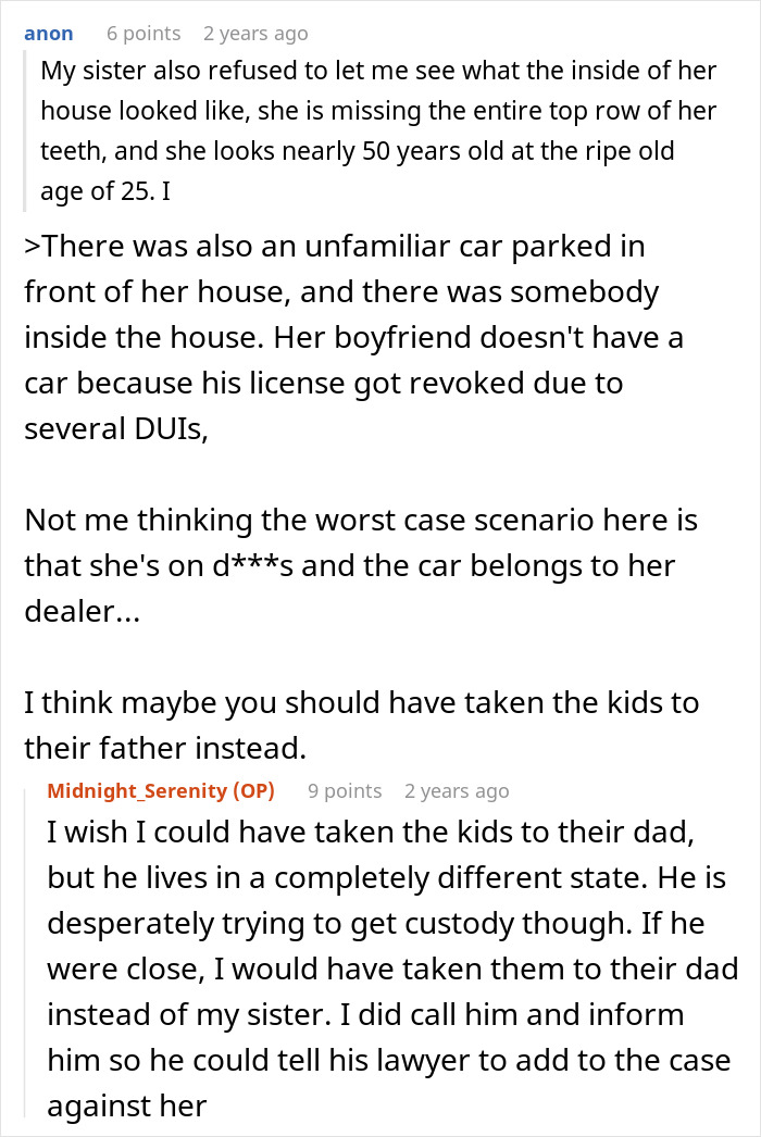 Screenshot of an online discussion about a sister threatening to call the cops after a woman brings her kids home.