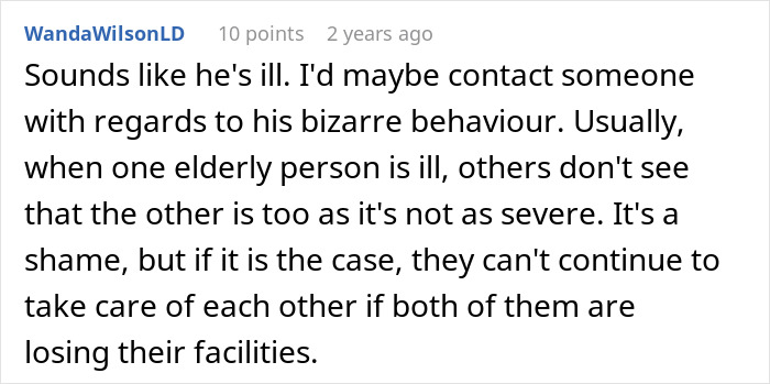 Comment discussing elderly neighbor&rsquo;s bizarre behavior while confronting couple about alleged affair on walk