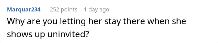 Comment asking why someone lets an unhinged MIL stay after showing up uninvited, relating to demands about the cat.