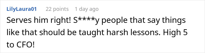 User comment praising CFO for firing employee immediately after body-shaming remark in online discussion.