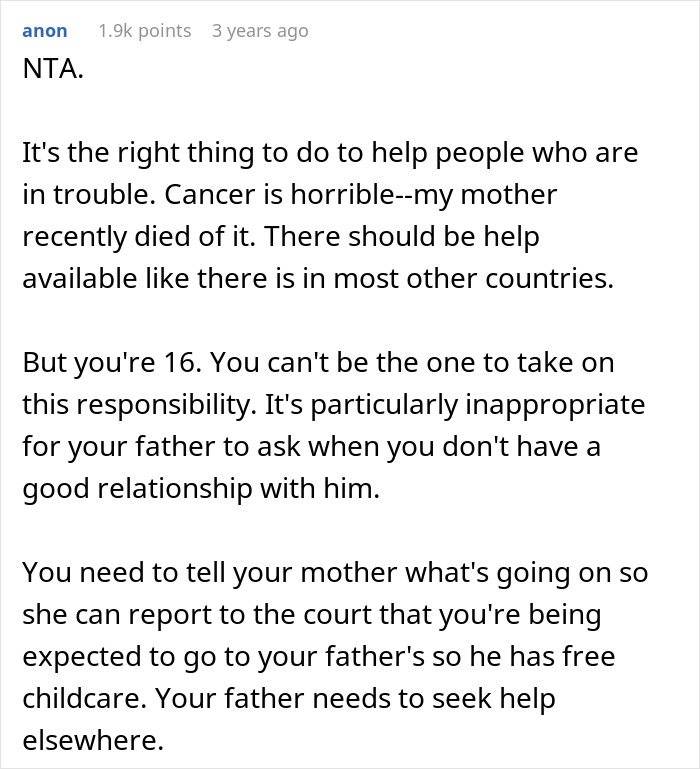 Comment discussing refusing babysit stepsiblings, emphasizing a 16-year-old's limits and need for parental support.