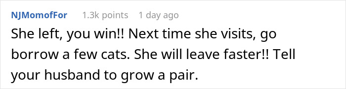 Comment discussing dealing with an unhinged MIL who shows up uninvited and makes demands involving cats and family tensions.