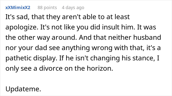Screenshot of a Reddit comment discussing a husband calling his pregnant wife disgusting and ignoring the baby after being called out.