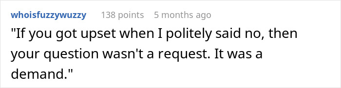 Screenshot of an online comment about refusing demands, illustrating a woman refusing to give up her plane seat and napping guilt-free.