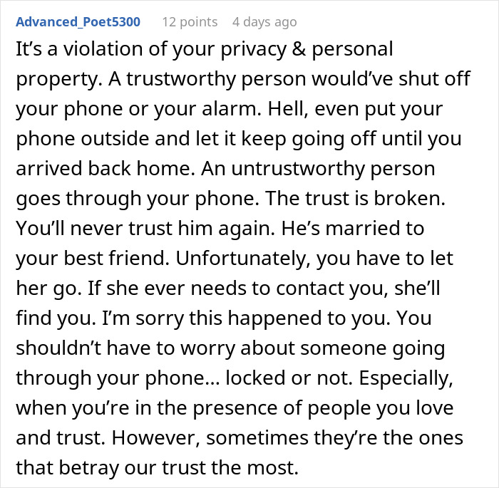 Comment about woman cutting off long-term friend after her suspicions of privacy violation were dismissed.