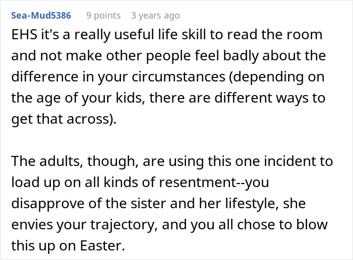 Text comment discussing family tensions and resentment around Easter gifts and keeping daughters in line.