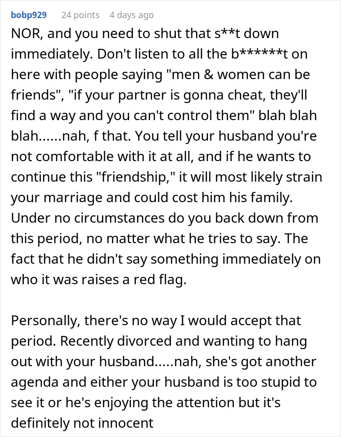 Comment expressing concerns about boundaries and trust after husband goes running with a divorced mom, questioning marriage impact.
