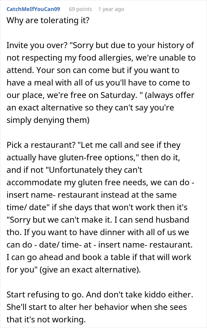 Screenshot of a Reddit comment offering advice on handling allergy-triggering behavior from a difficult mother-in-law. Screenshot of a Reddit comment offering advice on handling allergy-triggering behavior from a difficult mother-in-law.