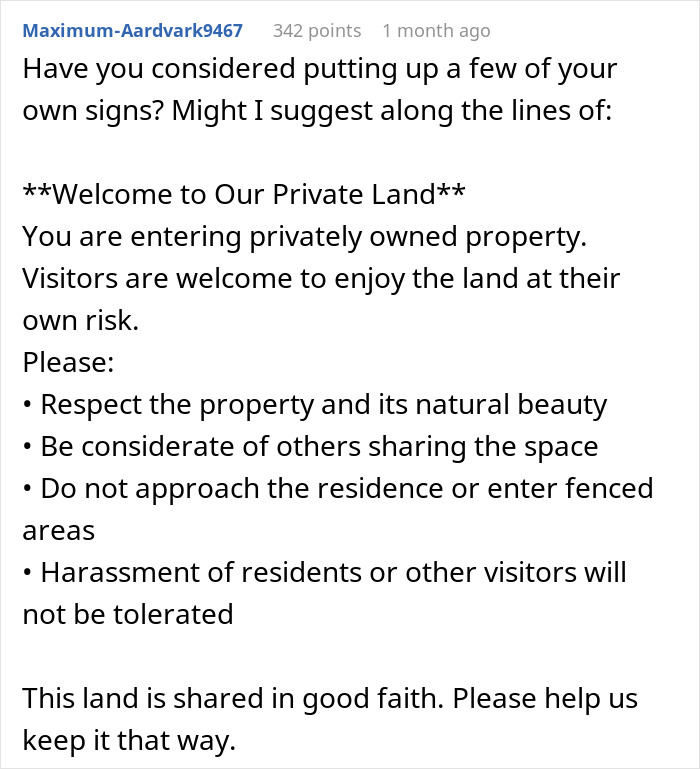 Reddit comment suggesting private land signs to address dog walking rules imposed by strangers on private property.