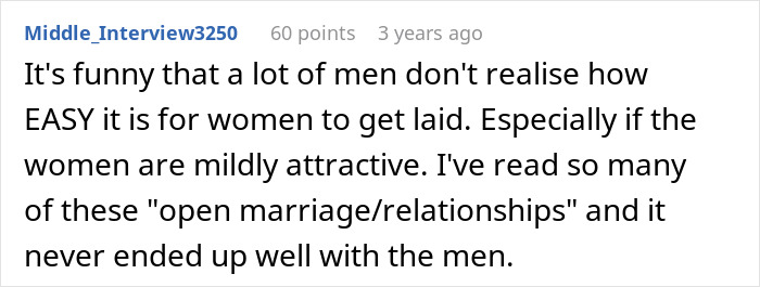 Text post discussing how open marriage relationships often end badly for men, highlighting women&rsquo;s ease in dating.